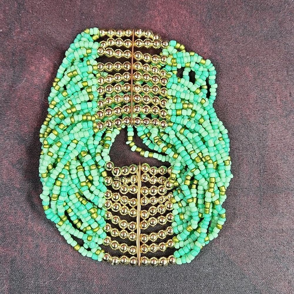 💜Seagreen & Gold Beaded Multi Strand Stretchy Bracelet